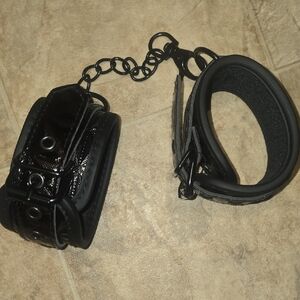 Black Leather Handcuffs with Chain